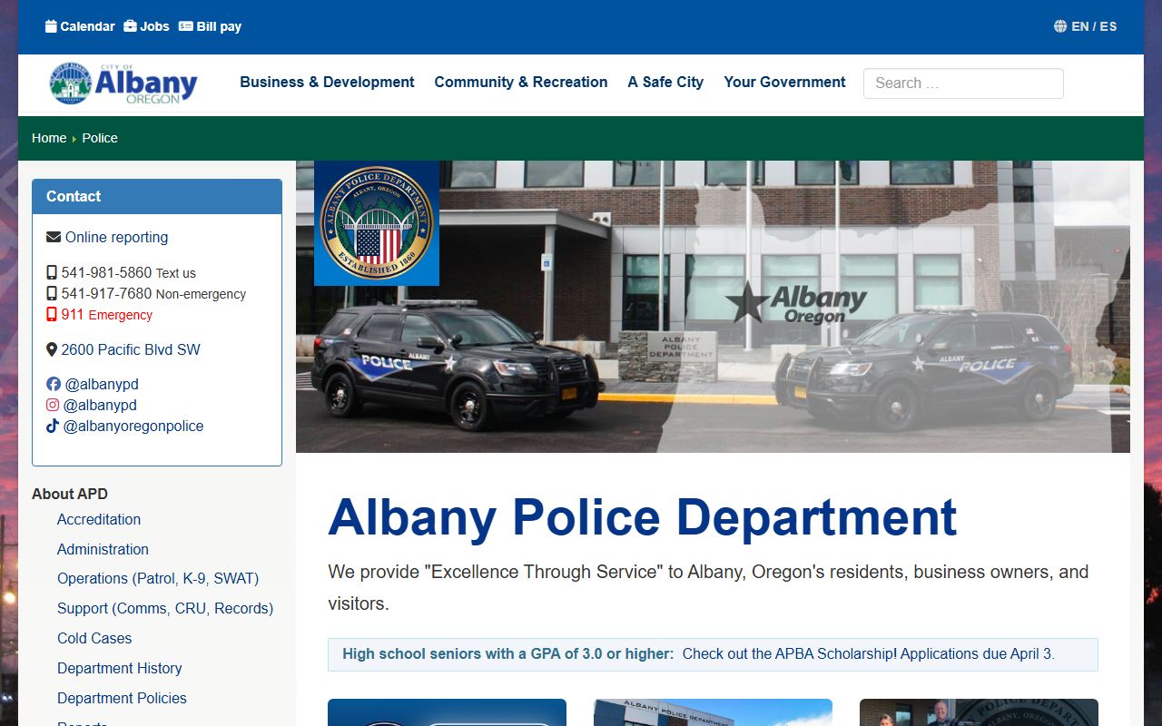 Albany Police Department website showing services and arrest records information