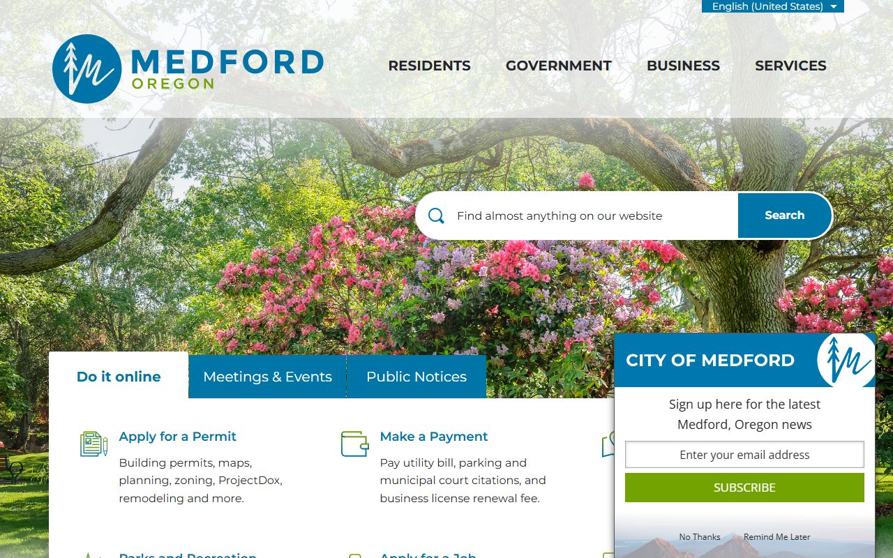 Medford city homepage with links to police and public services