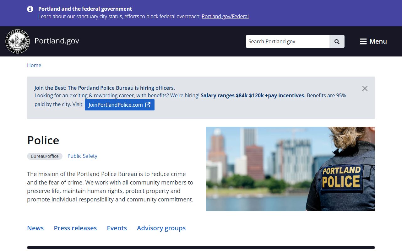Portland Police Bureau page for Portland arrest records