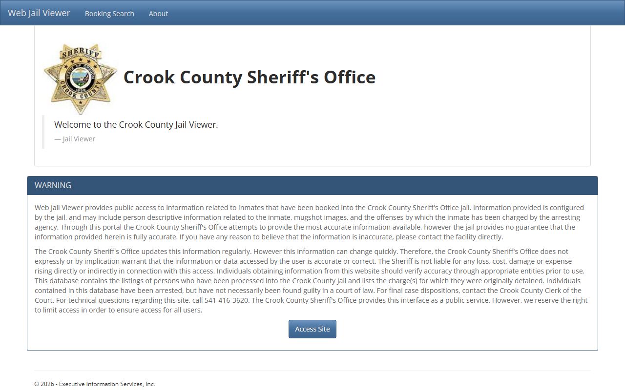Crook County jail roster page for arrest records