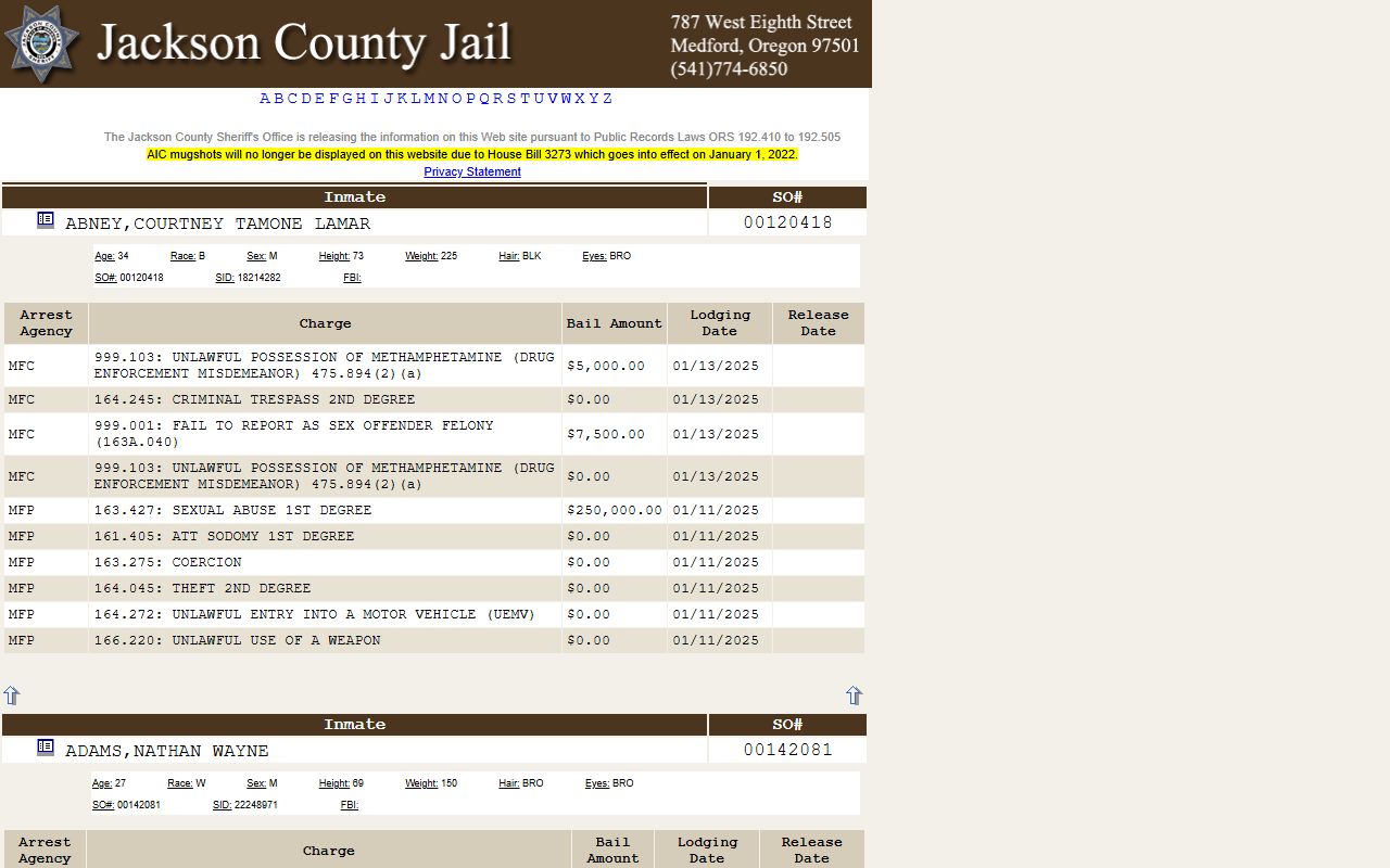 Jackson County inmate search for arrest records