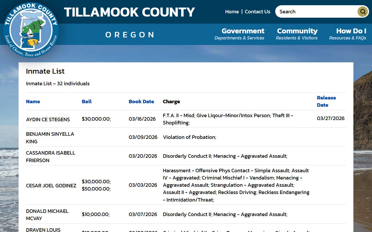 Tillamook County inmate list showing current arrest records and bookings