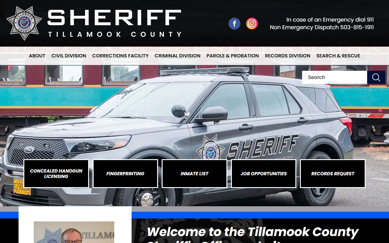 Tillamook County Sheriff's Office website showing contact information for arrest records