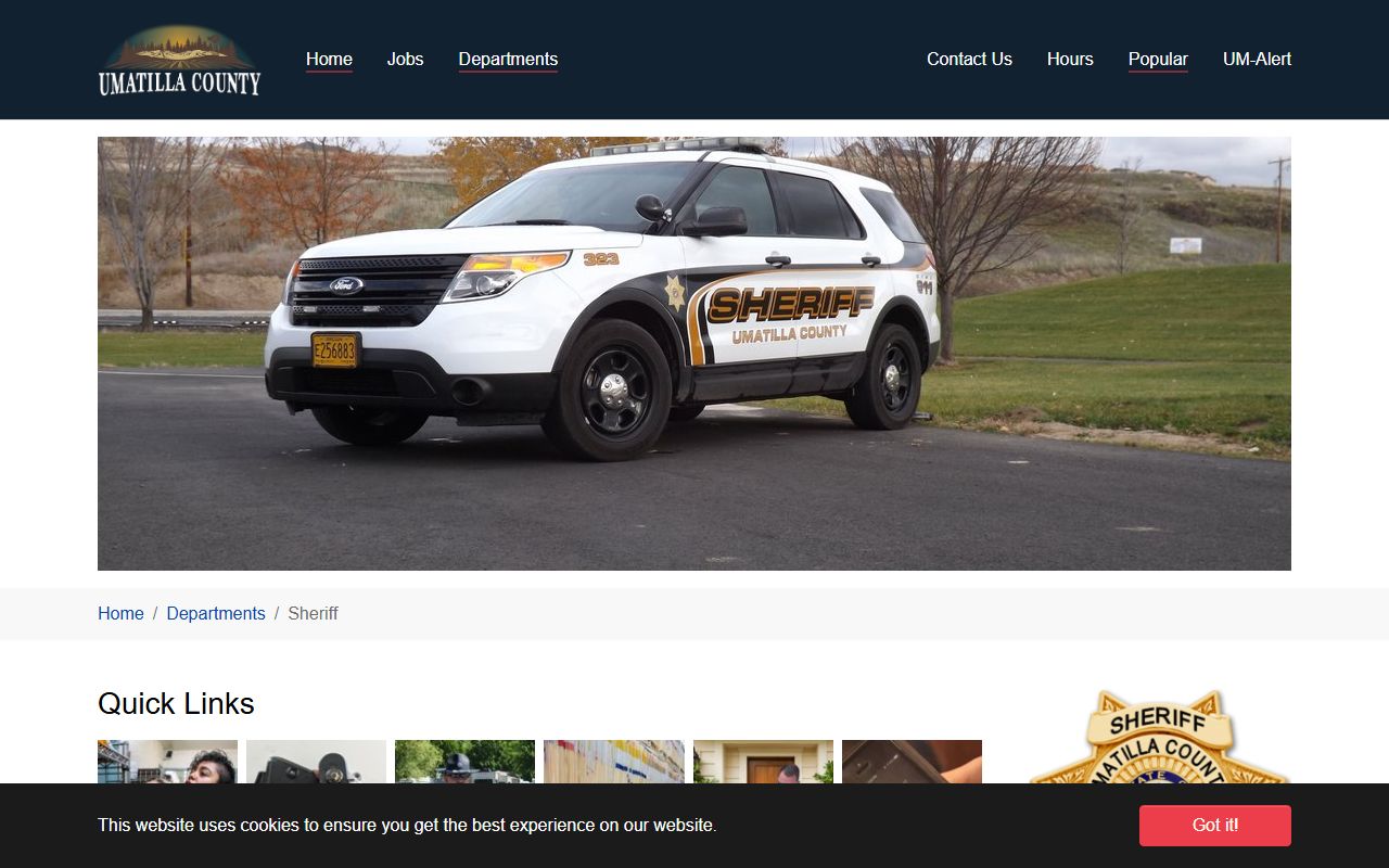 Umatilla County Sheriff's Office page showing law enforcement and arrest records services