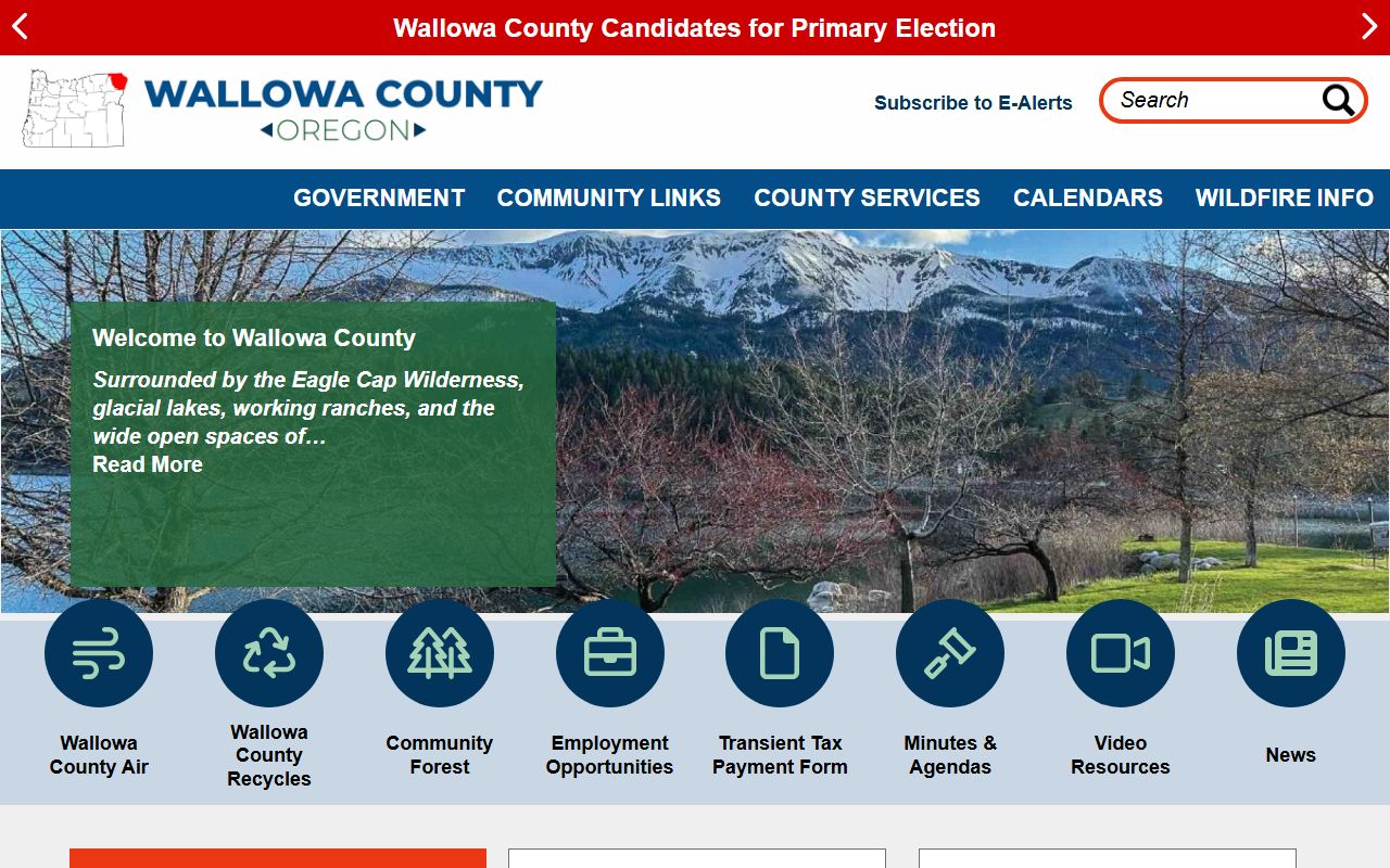 Wallowa County homepage showing government services and arrest records contact links