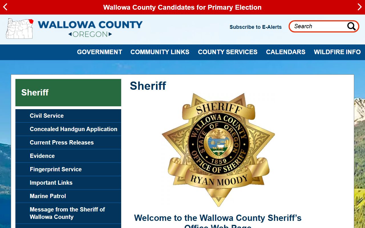 Wallowa County Sheriff's Office page showing contact information for arrest records