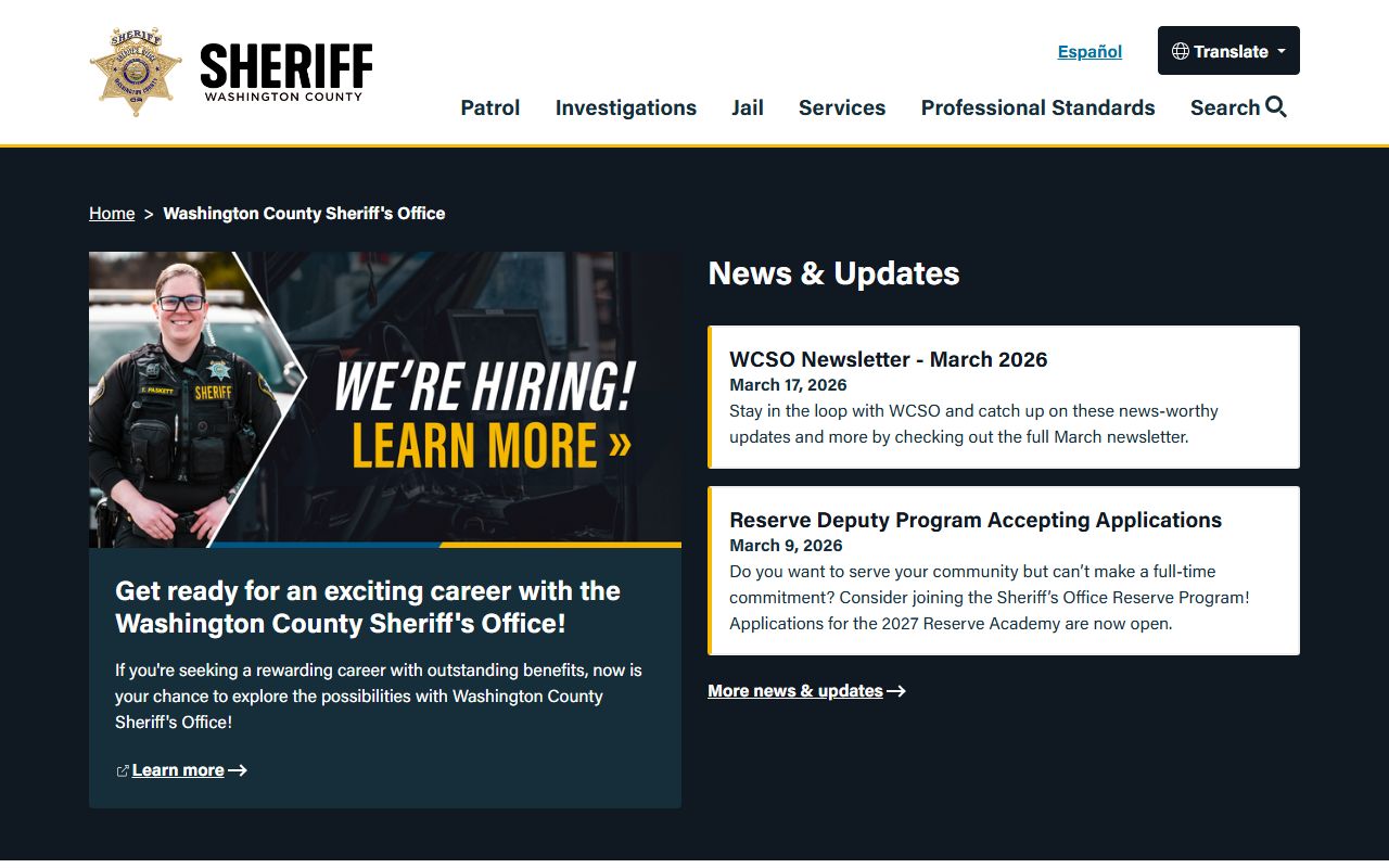 Washington County Sheriff website for arrest records and jail information
