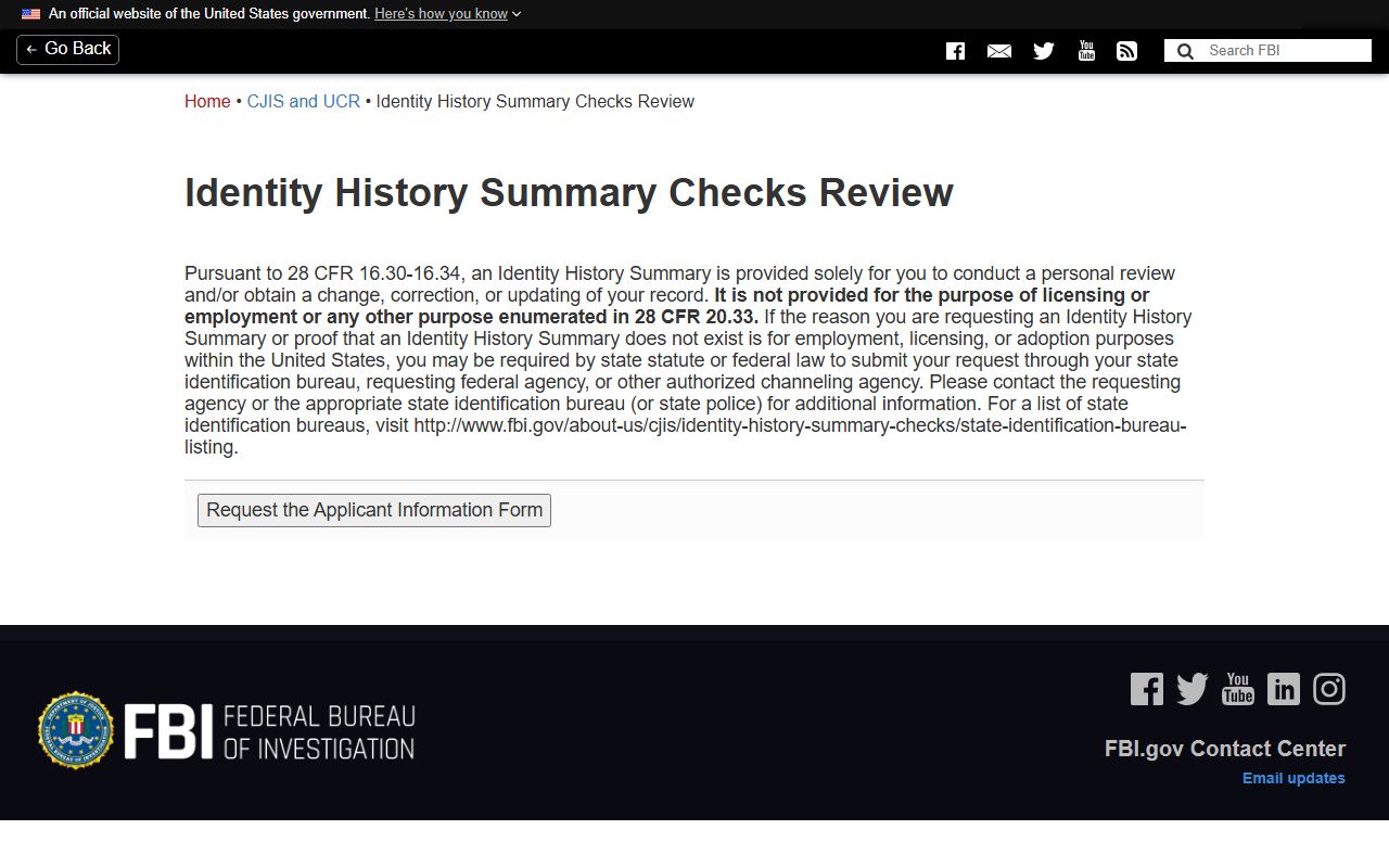 FBI identity history summary check for Oregon arrest records