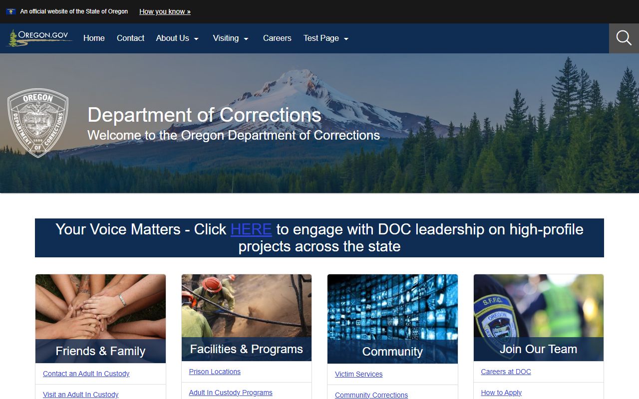 Oregon Department of Corrections main page for arrest records