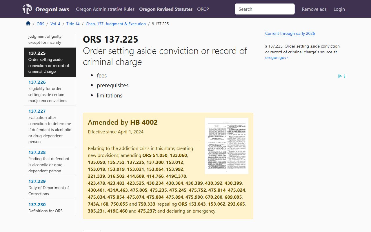 ORS 137.225 expungement statute for Oregon arrest records