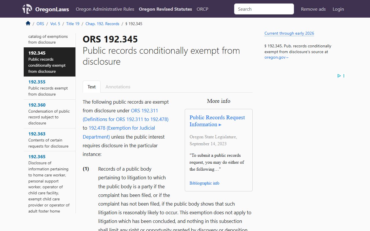 ORS 192.345 statute page about Oregon arrest records disclosure