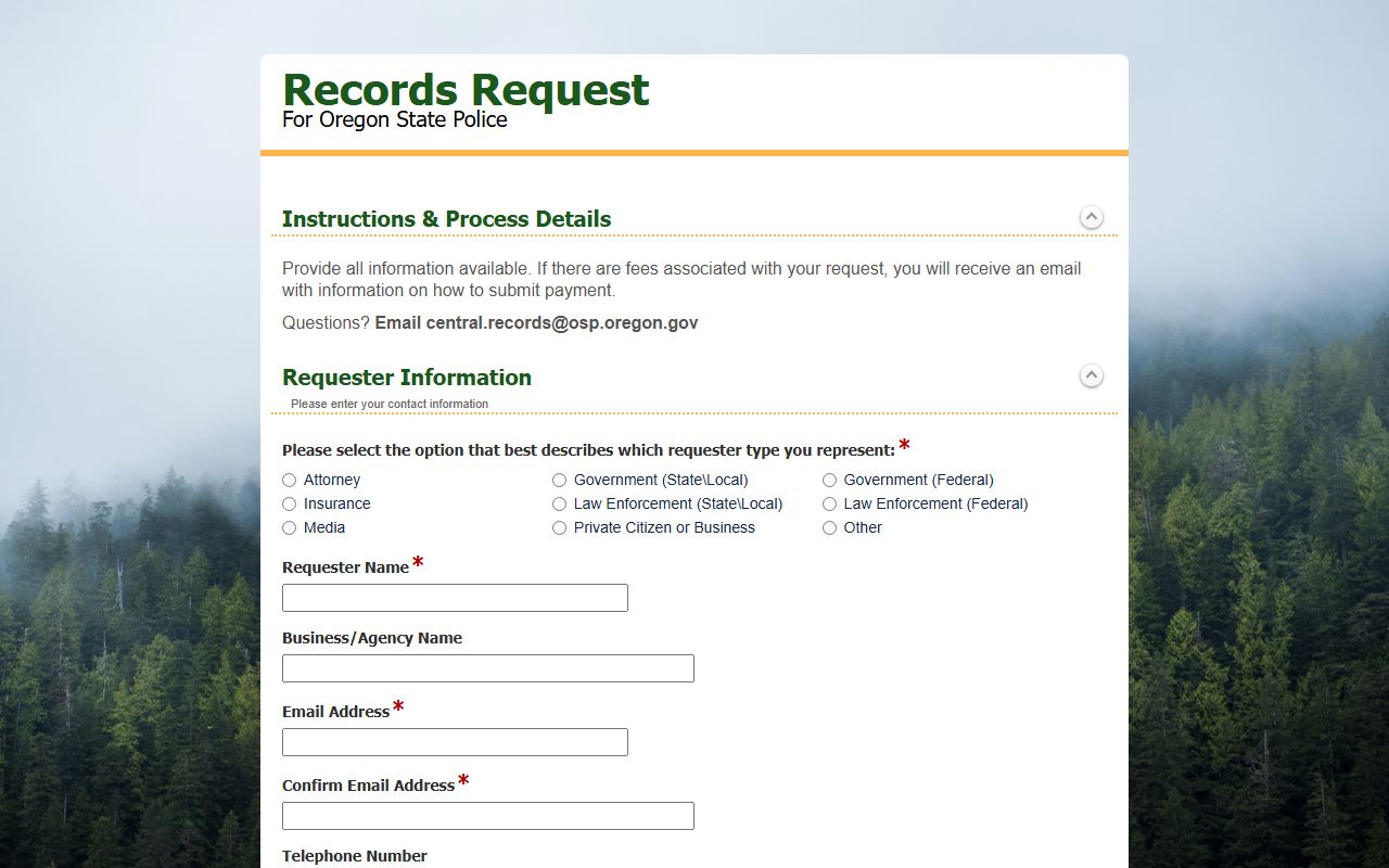 Oregon State Police records request form for arrest records