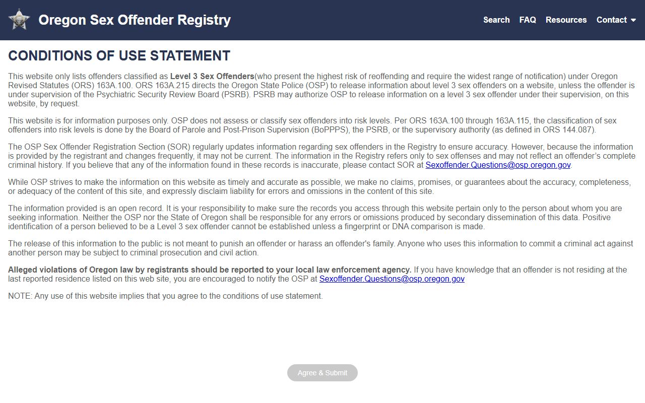 Oregon State Police sex offender registry search for arrest records